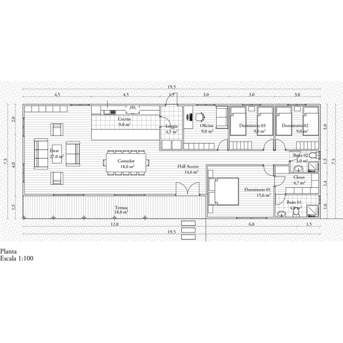 Plano planta - Casa modular mediterránea 128M2