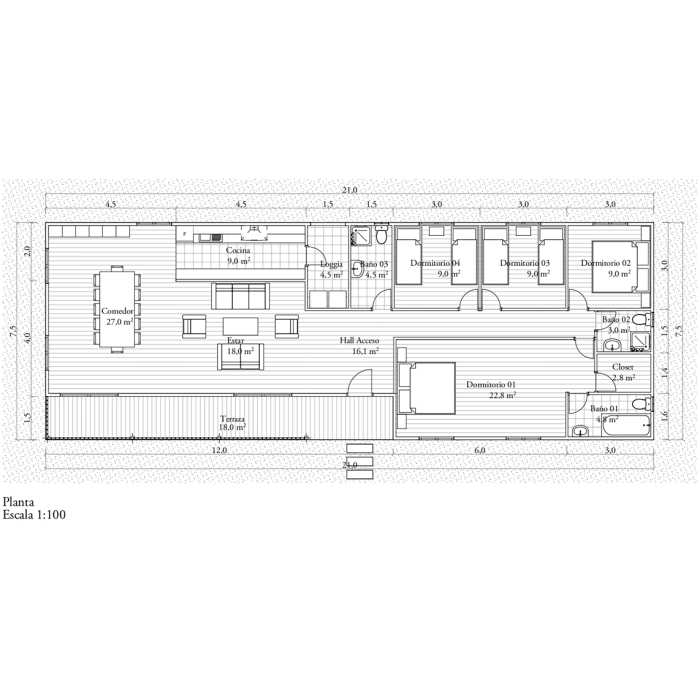 Plano planta - casa modular prefabricada 140M2